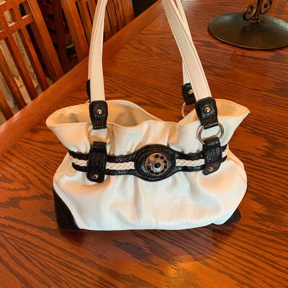 Black and White Leather Handbag with Silver-Toned Hardware
